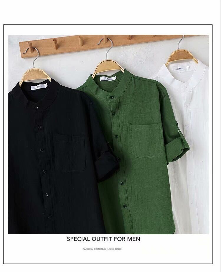 Men's Linen Stand Collar Five Point Medium Sleeve Shirt