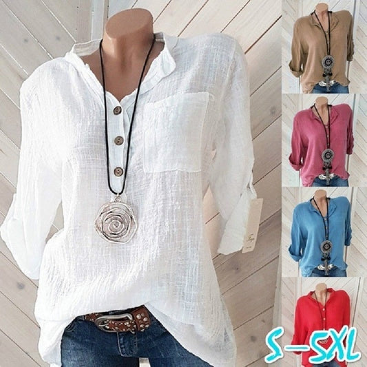 Women Long Sleeve Button V Neck Loose Cotton Linen Blouse