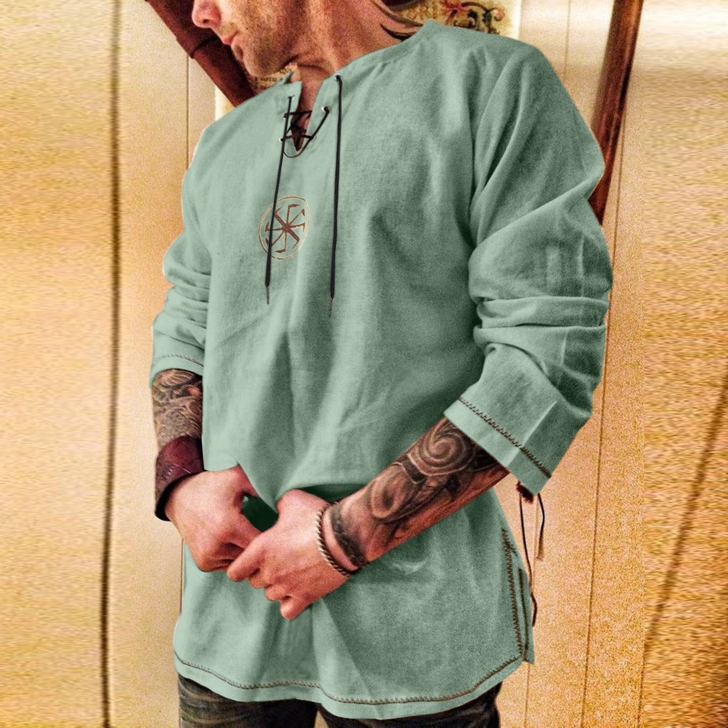Men's Viking Embroidered Cotton Linen V-neck Shirt