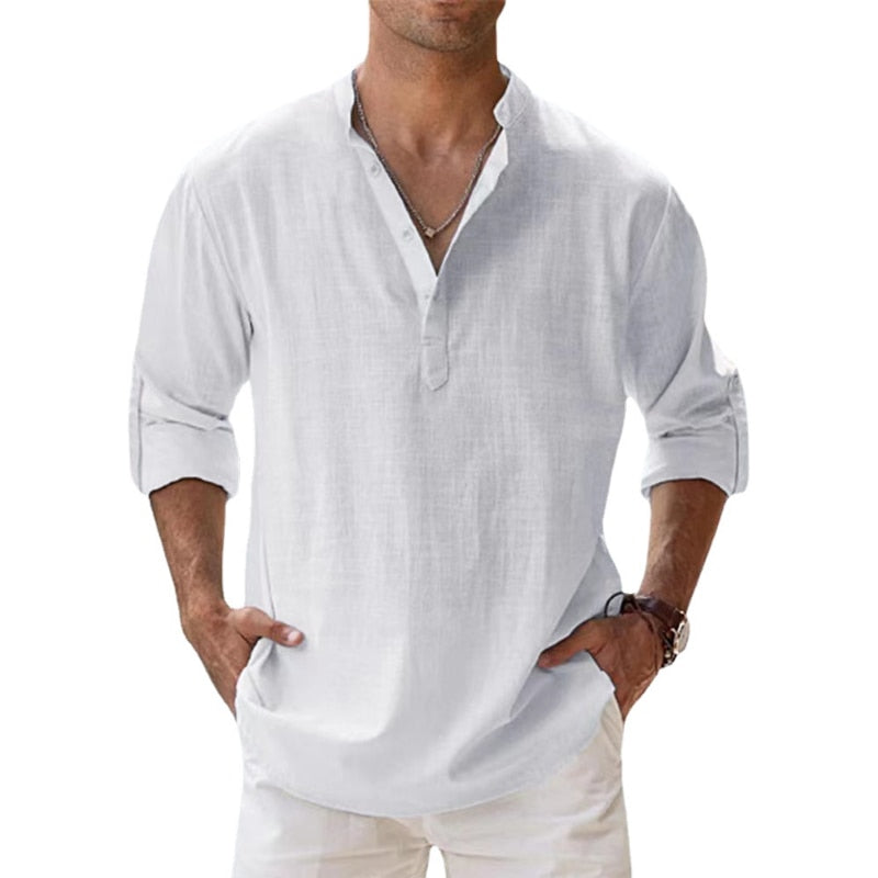 Men Long Sleeve Henley Beach Cotton Linen Shirts