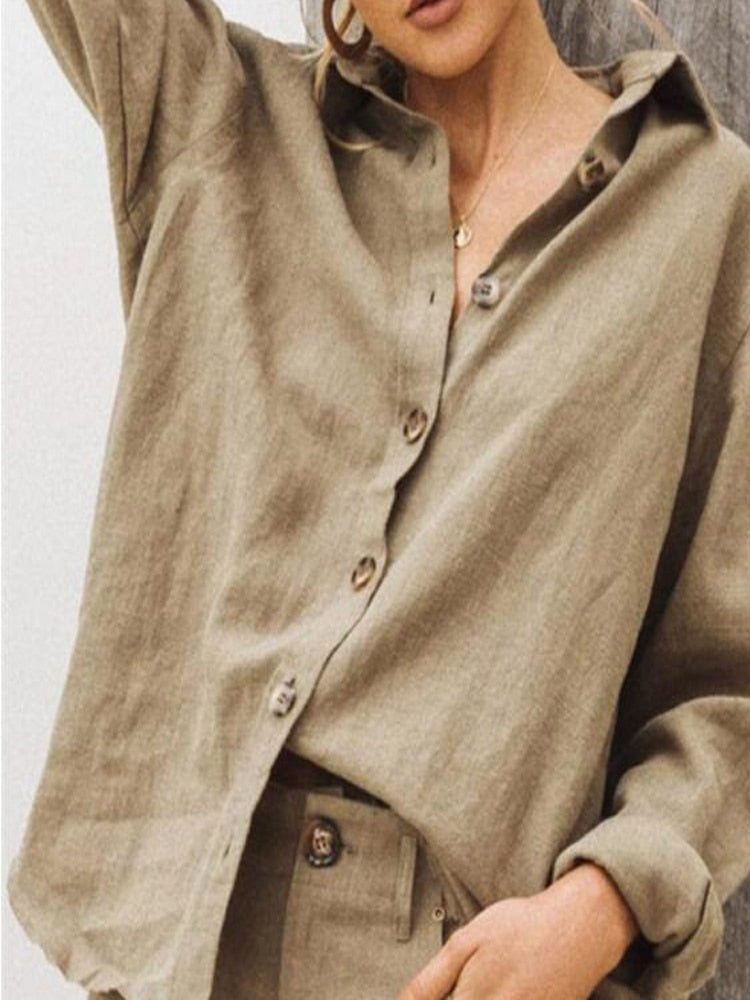 Women's Long Sleeve Linen Cotton Button Blouse Shirt