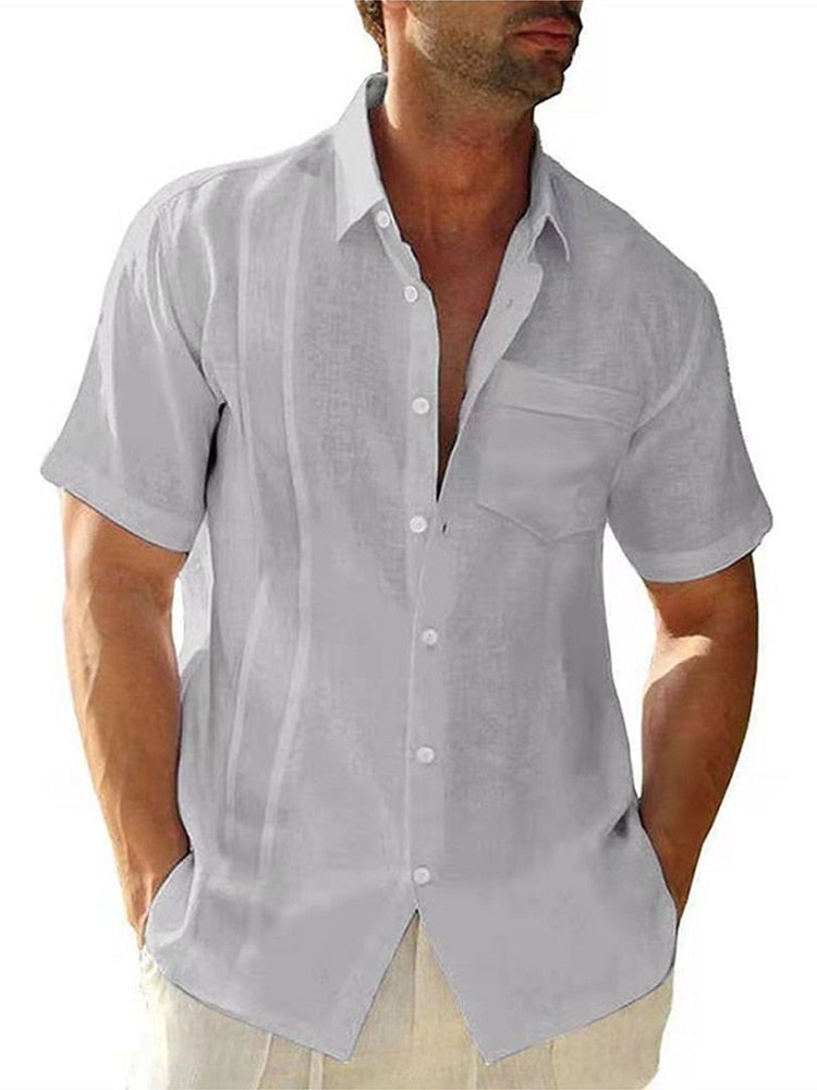 Men's Short Sleeve Turn-down Collar Cotton Linen Shirt