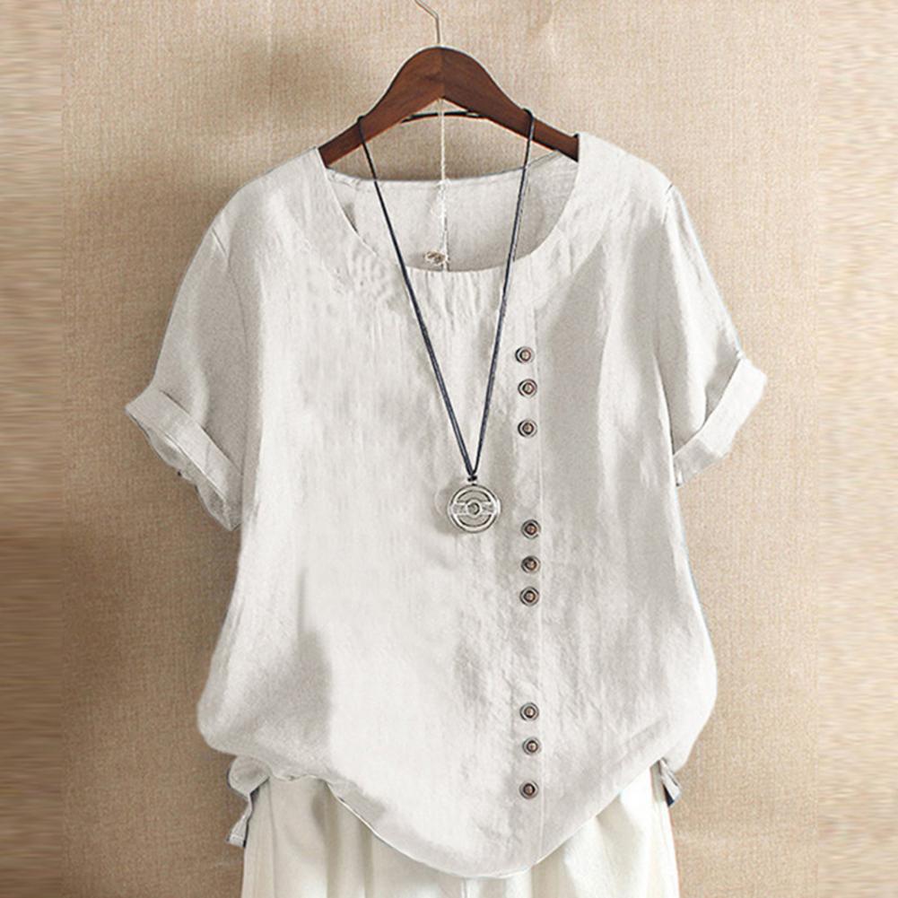 Women's Short Sleeve Button Linen Cotton Blouse