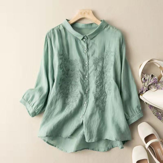 Women's Vintage Floral Embroidery Cotton Linen Casual Shirt