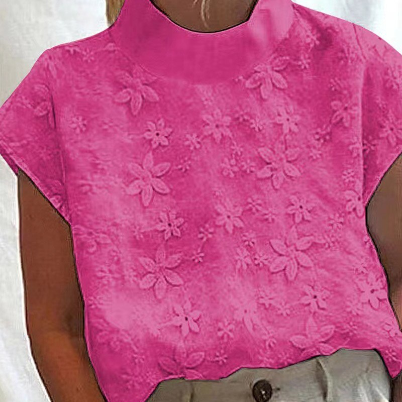 Women's Short Sleeve Turtleneck Cotton Linen Blouse