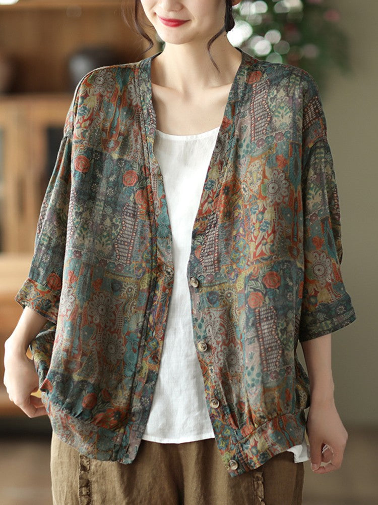 Women's Three Quarter Sleeve V-Neck Loose Cotton Linen Tops