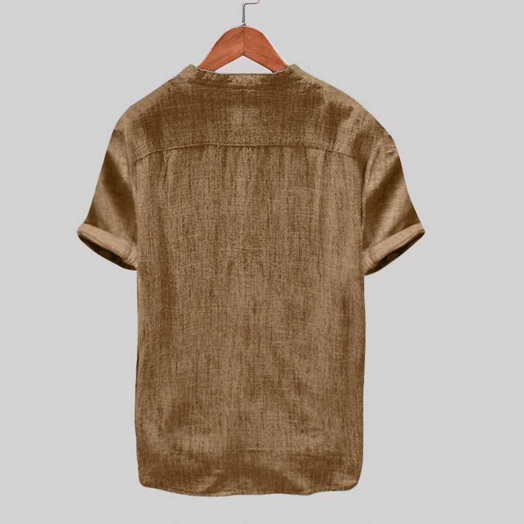 Men's Short Sleeve Button Tee Tops Cotton Linen Shirt
