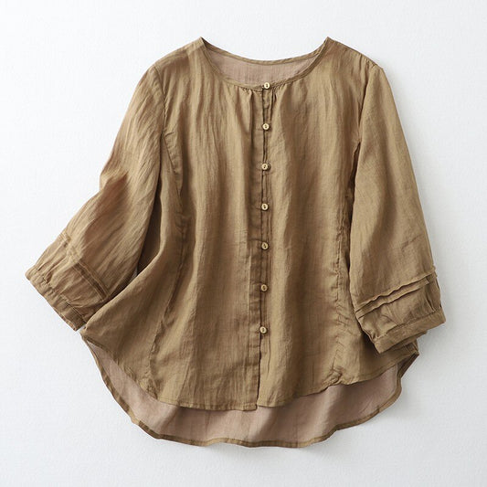 Women's 3/4 Sleeve O-neck Loose Cotton Linen Blouse