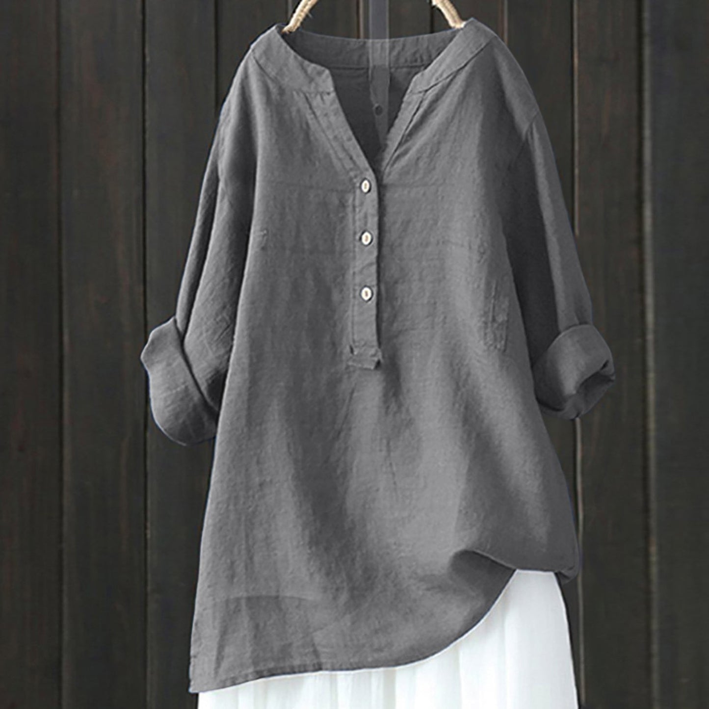 Women  Long Sleeved V-Neck Casual Loose Cotton Linen Shirts
