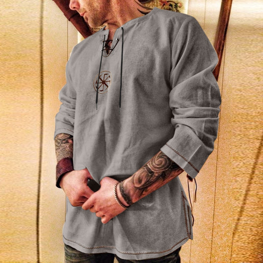 Men's Viking Embroidered Cotton Linen V-neck Shirt