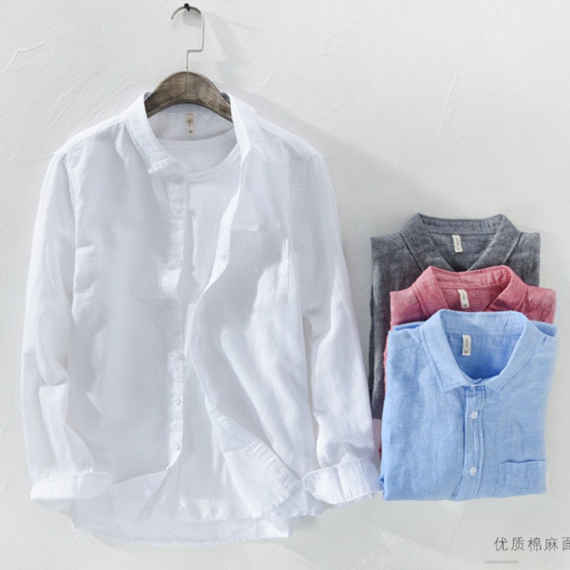 Men's Loose Fit Long Sleeve Cotton Linen Casual Shirt with Button-Down Collar