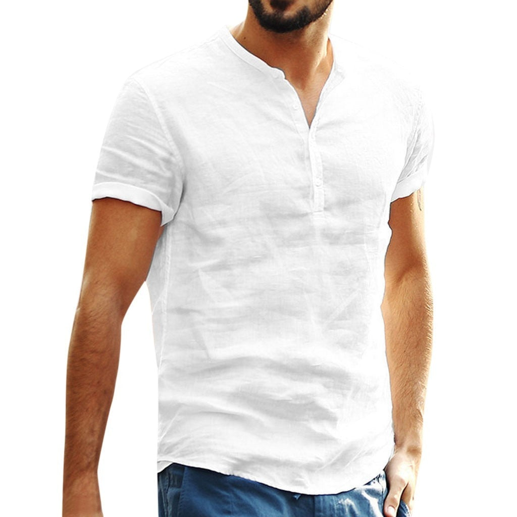 Men's Short Sleeve Slim Fit V Neck Linen Henley Shirt