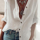 Women Rollable Sleeve Button Up Cotton Linen Shirt