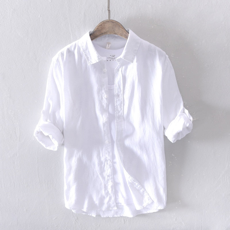 Men's Long-Sleeved  Button-Up Top Linen Shirt