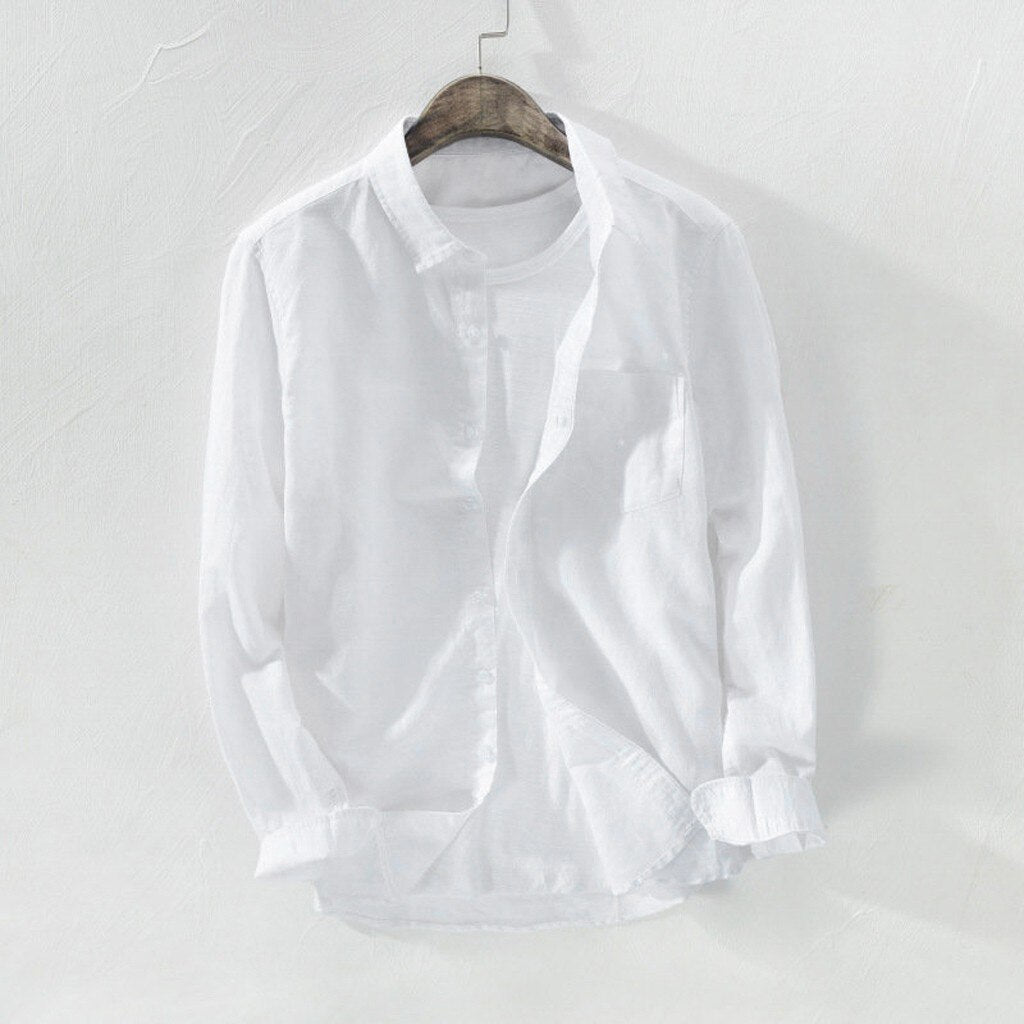 Men's Long Sleeve Breathable Button Top Blouse Linen Shirt