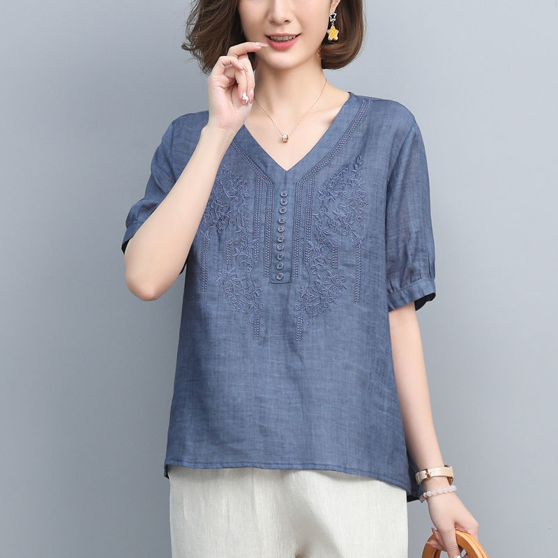 Women's Short Sleeve Embroidered Cotton Linen Shirt