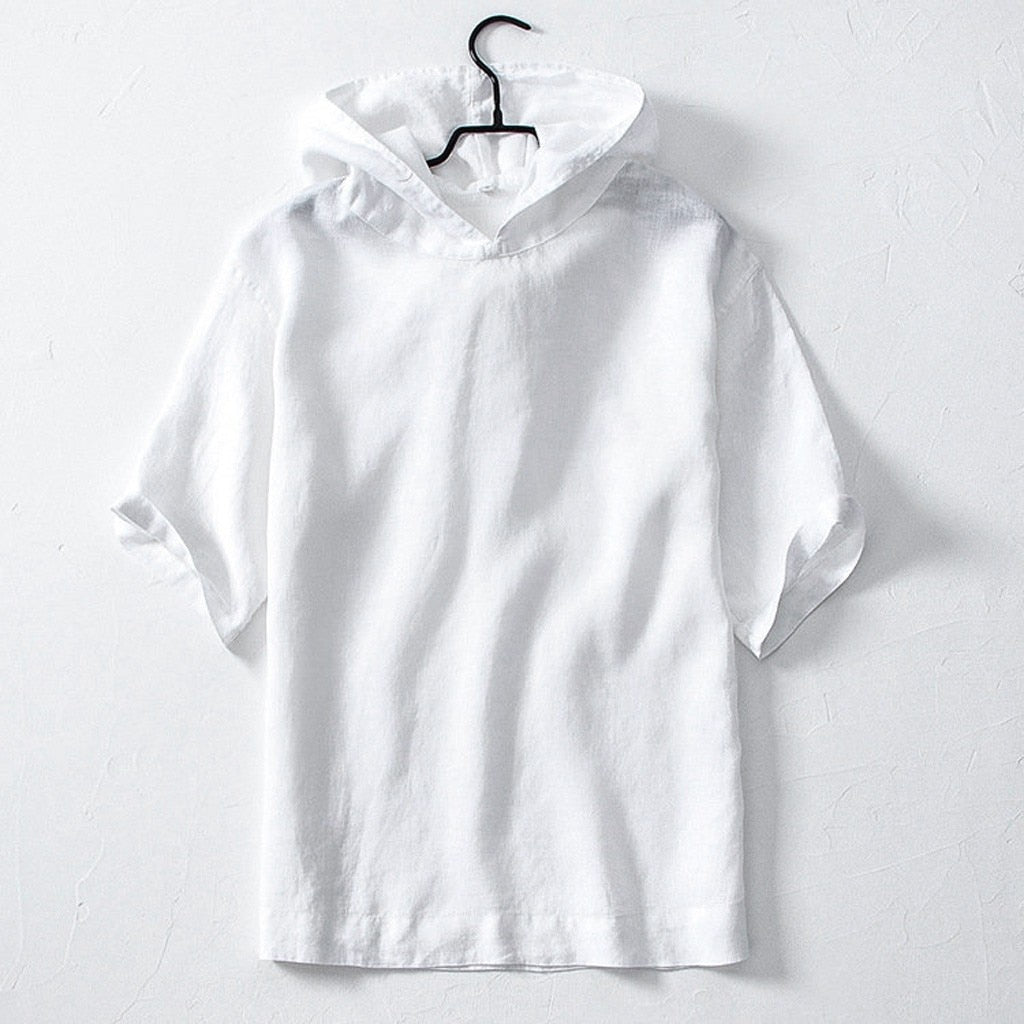 Men's Short Sleeve White Linen Hooded Shirt with Buttons