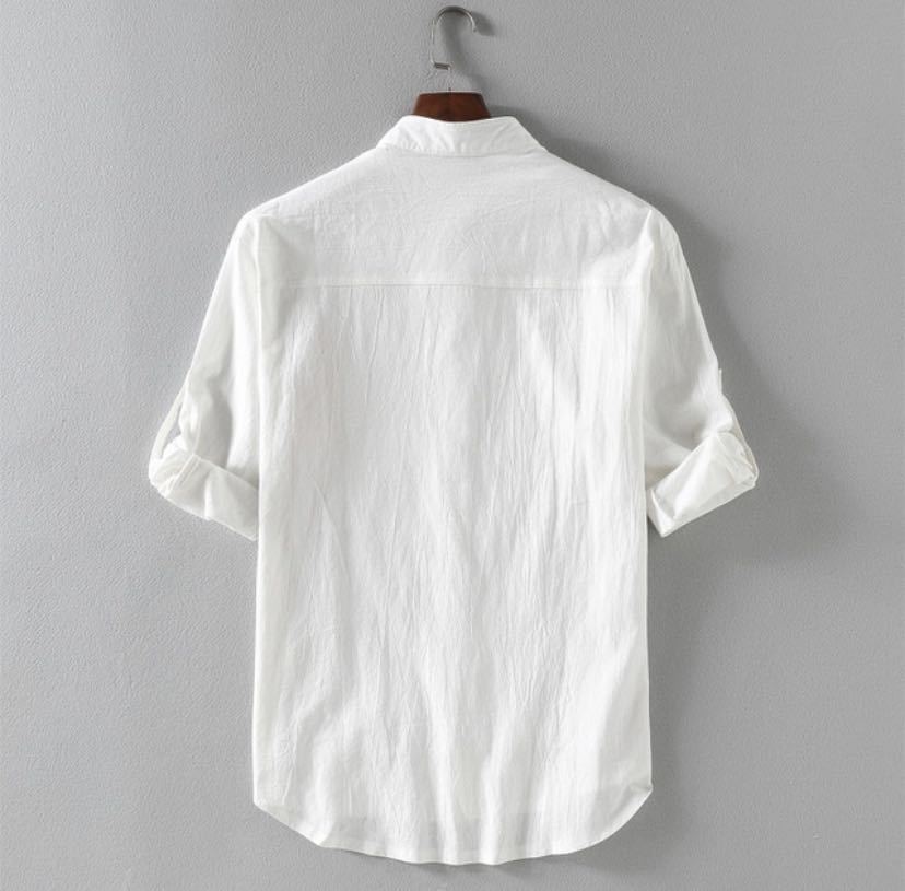 Men's Linen Stand Collar Five Point Medium Sleeve Shirt