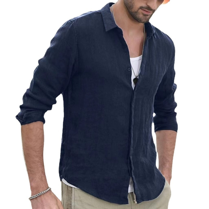 Men's Solid Color Long Sleeve Cotton Linen Shirt