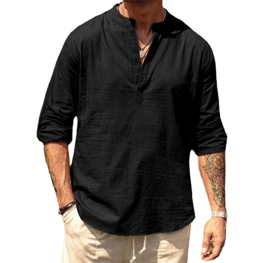 Men's Loose Fit Linen Long Sleeve Solid Color Shirt