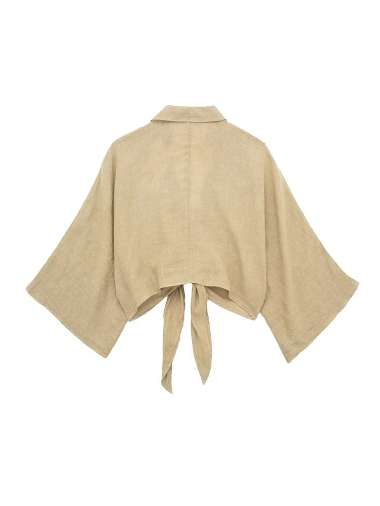 TRAF Women Three Quarter Sleeves  Knotted Linen Shirts