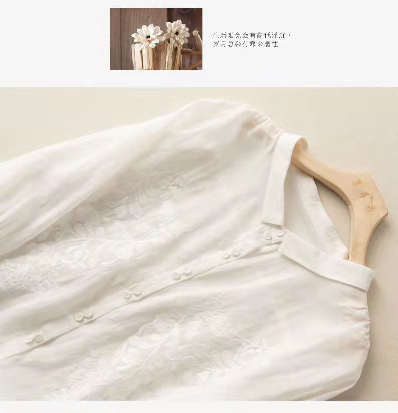 Women's Vintage Floral Embroidery Cotton Linen Casual Shirt