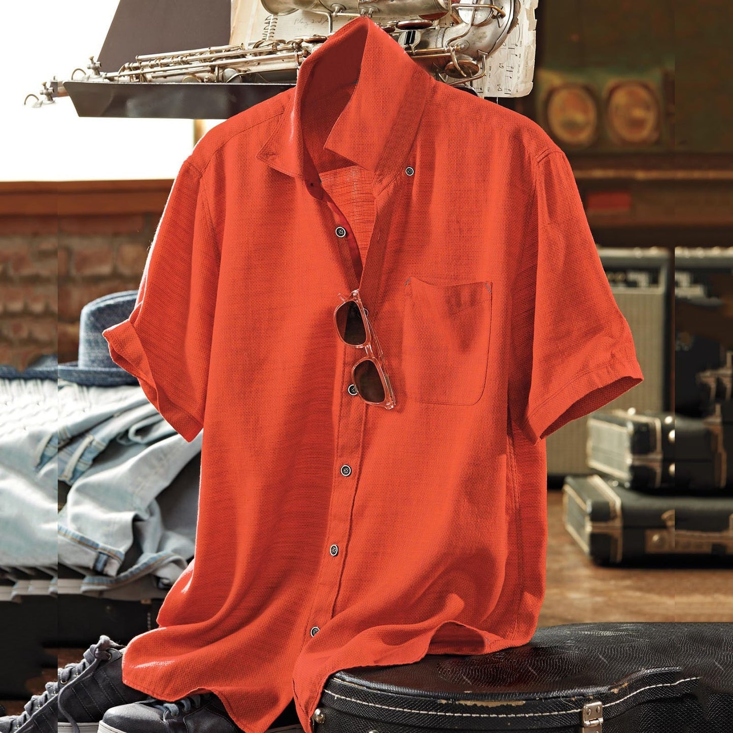 Men's Short Sleeve Casual Slim Cotton Linen Shirts