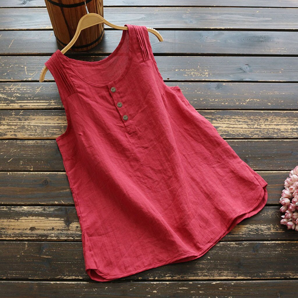 Women's Sleeveless Button O Neck Cotton Linen Blouse