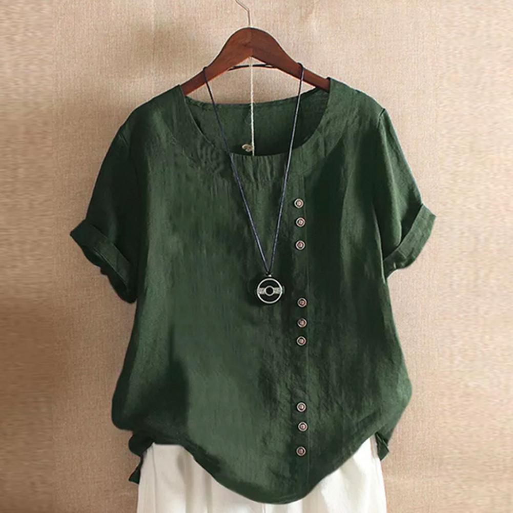 Women's Short Sleeve Button Linen Cotton Blouse