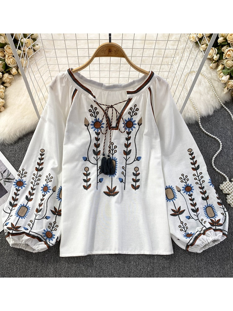 Women's Round Neck Loose Embroidered Cotton Linen Blouse
