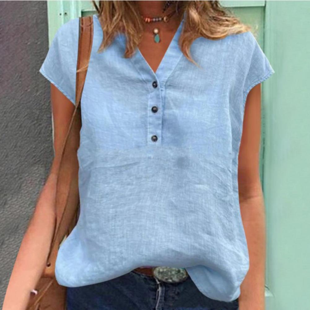 Women's Short Sleeve Buttons V-Neck Cotton Linen T-shirt