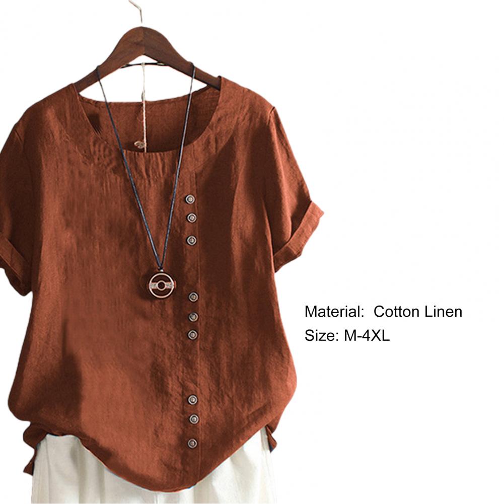 Women's Short Sleeve Button Linen Cotton Blouse