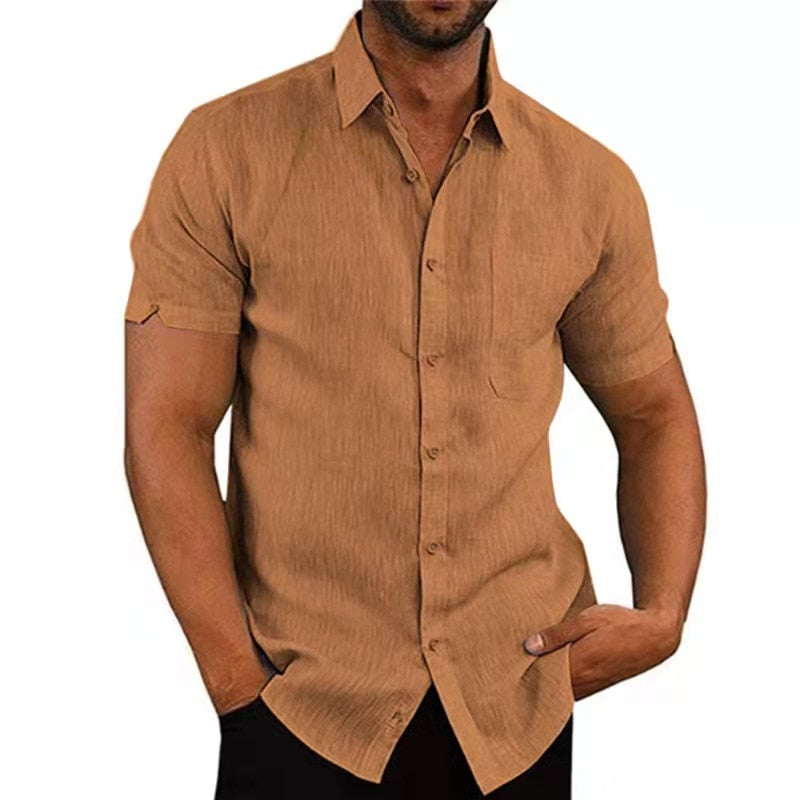 Men's Short Sleeved Turn-Down Collar Cotton Linen Shirts