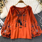 Women's Round Neck Loose Embroidered Cotton Linen Blouse