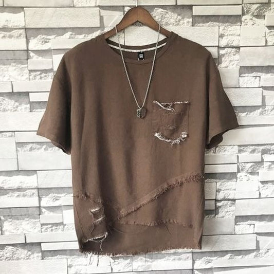 Men's Five-point Sleeve  Loose Round Neck Cotton Linen T-shirt