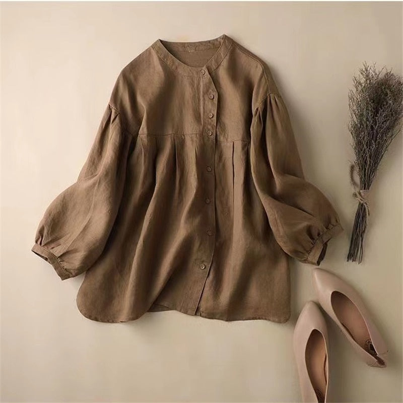 Women's Lantern Sleeve O-Neck Cotton Linen Blouse