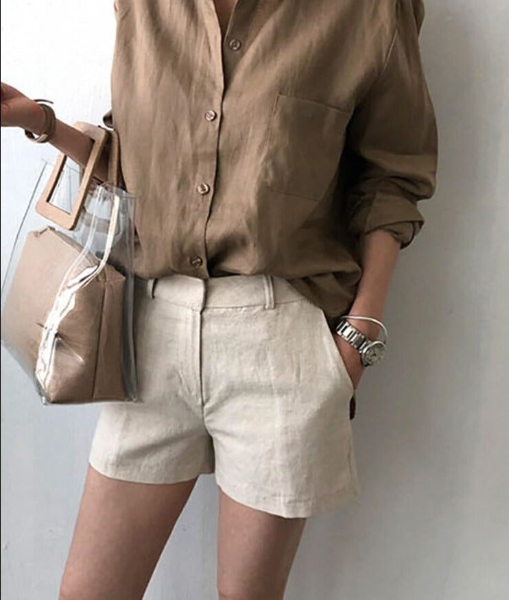 Women's Long Sleeve Cotton Linen Top Tunics Shirt