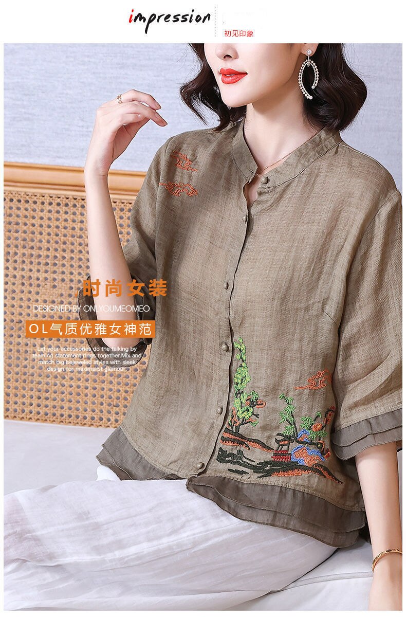Women's Ruffle Sleeve Buttoned Embroidery Cotton Linen Blouse