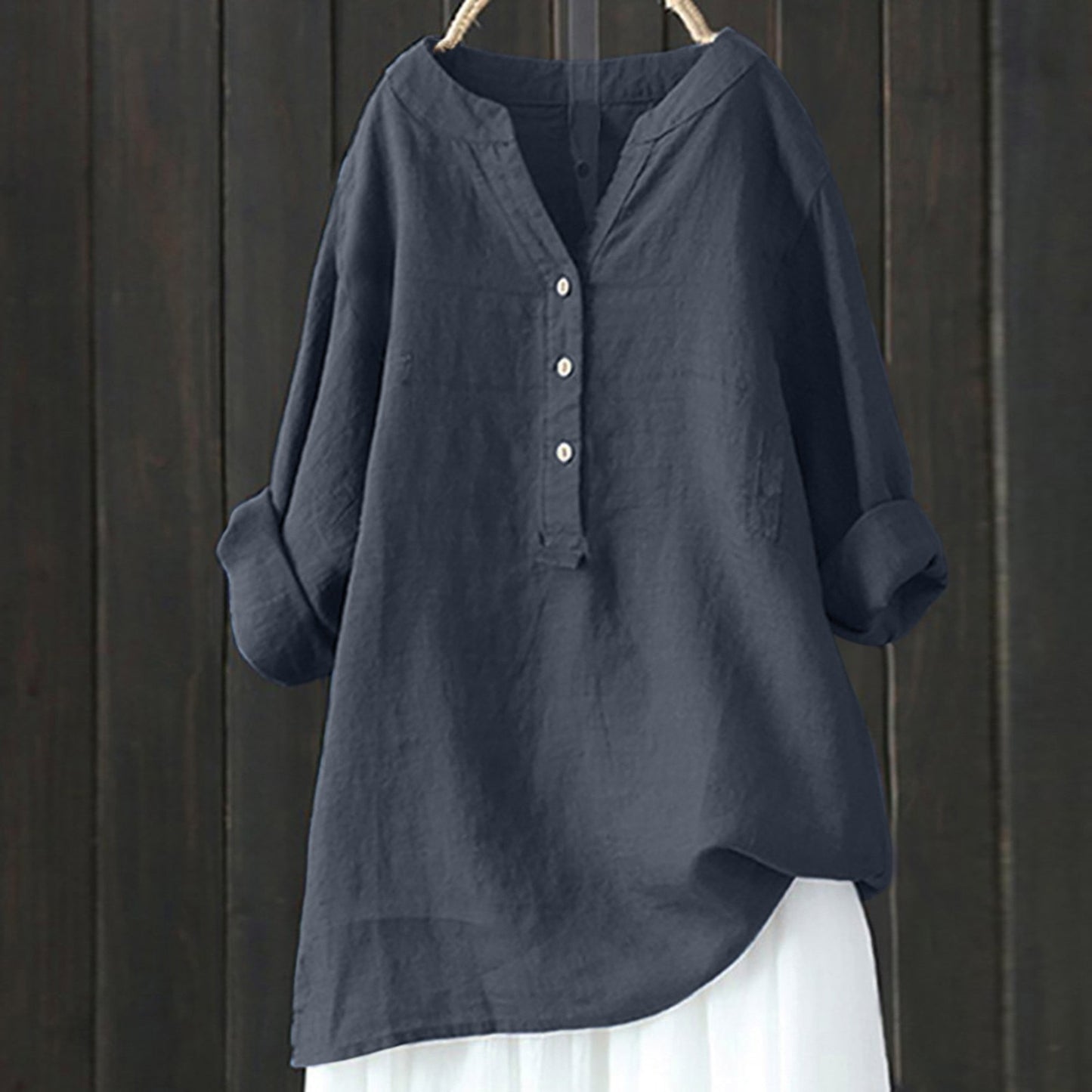 Women  Long Sleeved V-Neck Casual Loose Cotton Linen Shirts