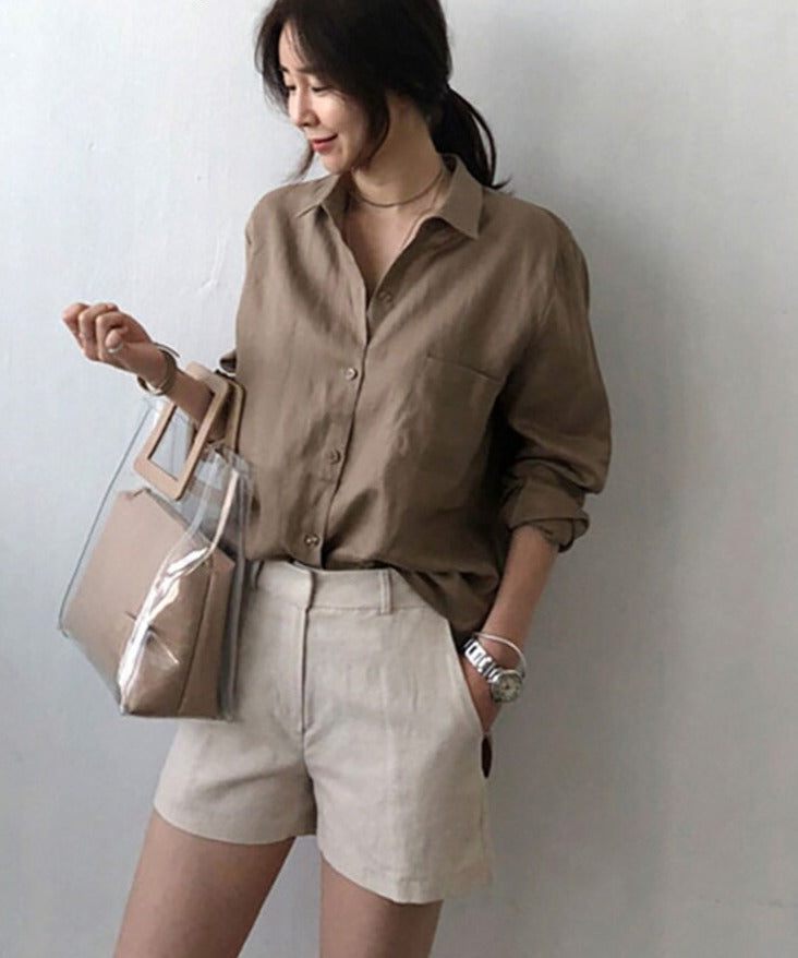 Women's Long Sleeve Cotton Linen Top Tunics Shirt