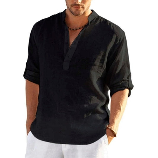 Men's Casual Loose Fit Cotton Linen V-neck Long Sleeve T-shirt