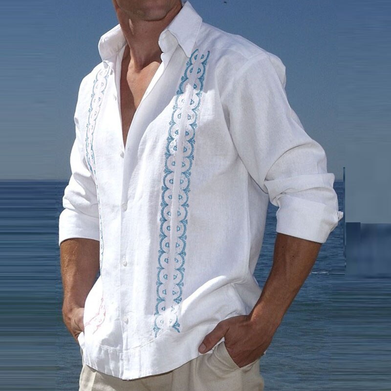 Men's Printed Cotton Linen Shirt with Button Turn-down Collar