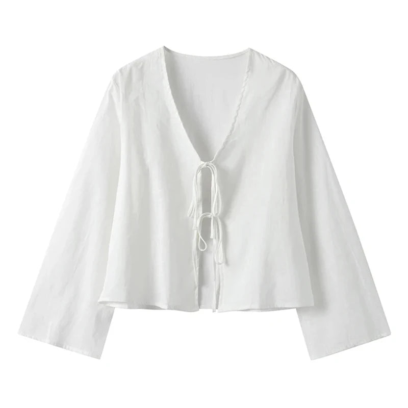 Women’s Cotton Linen Lace-Up Bow Shirt