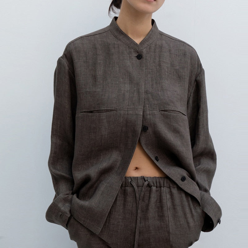 Women's  Long Sleeve Button-Up Linen Shirts