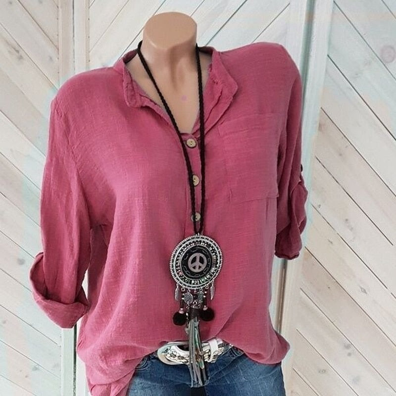 Women Long Sleeve Button V Neck Loose Cotton Linen Blouse