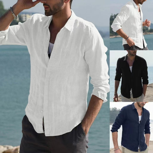 Men's Solid Color Long Sleeve Cotton Linen Shirt