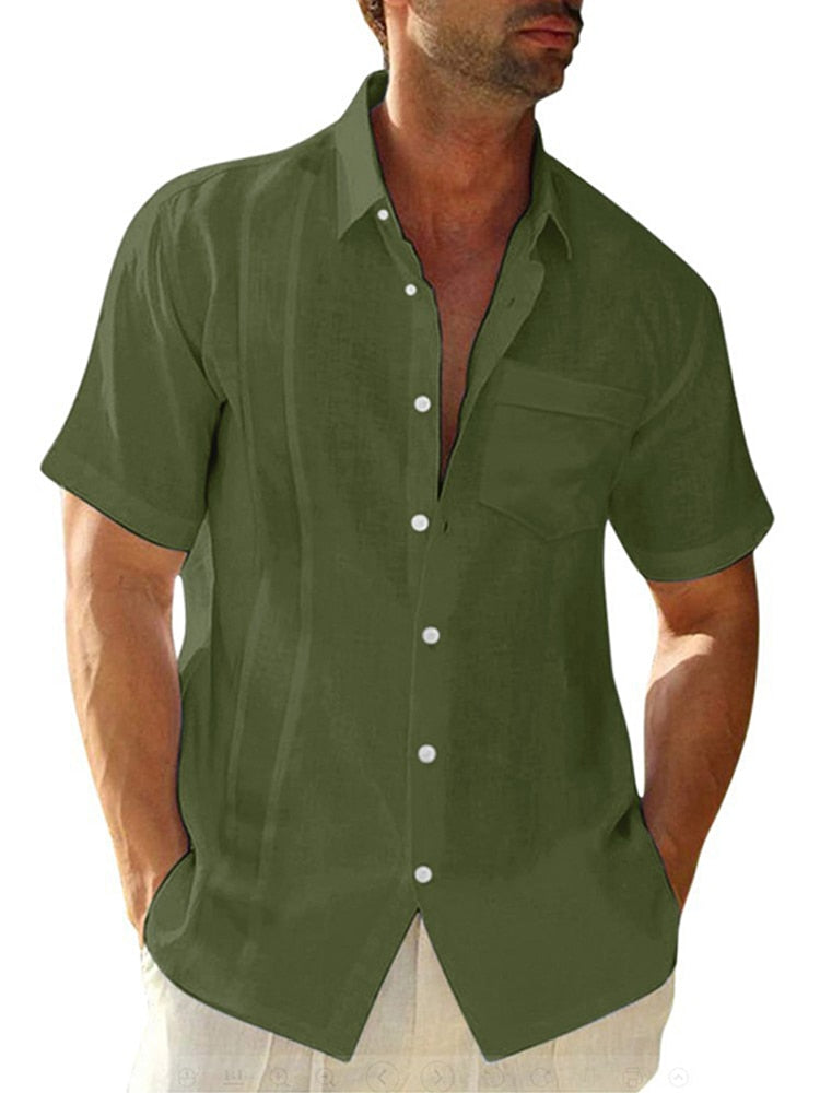 Men's Short Sleeve Turn-down Collar Cotton Linen Shirt