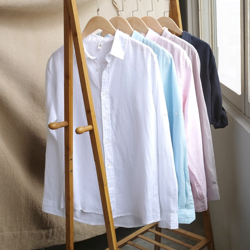 Men's Long-Sleeved  Button-Up Top Linen Shirt