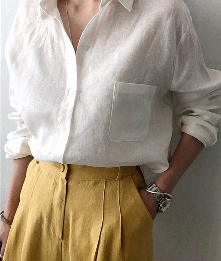 Women's Long Sleeve Cotton Linen Top Tunics Shirt