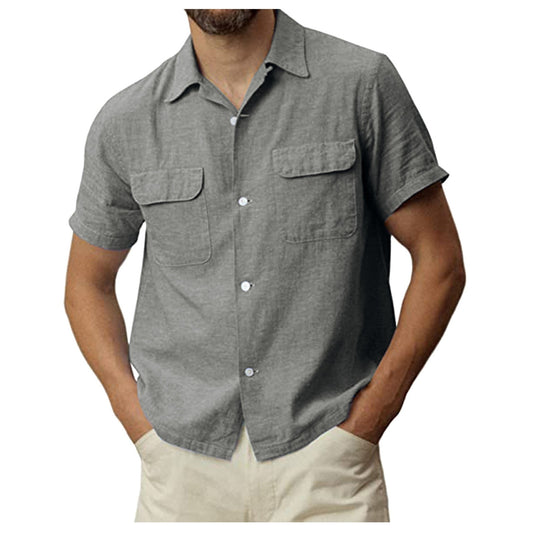 Men Short Sleeve Loose Cardigan Tops Cotton Linen Shirt
